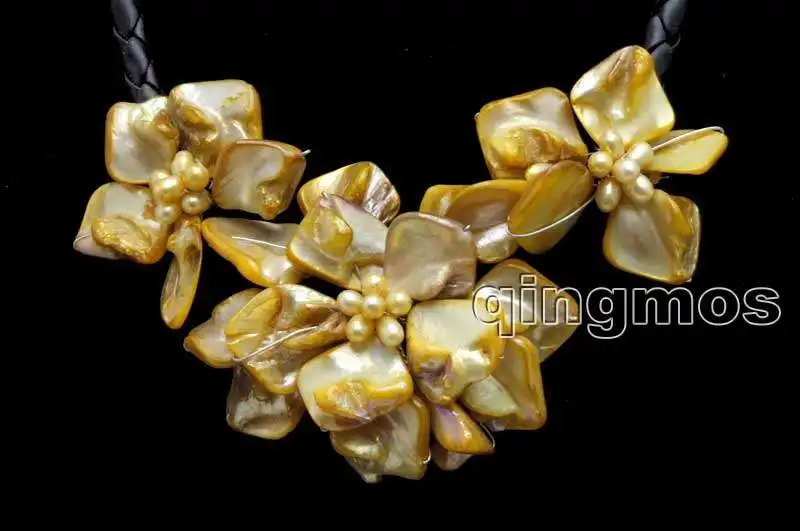 Big 1 piece 70mm and 2 50mm Orange Baroque Shell Flower Natural Pearl pendant Black 6mm Rope 18'' Necklace-nec6336 | Украшения и