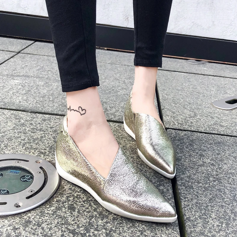 

ISNOM Sheepskin Flats Women Slip On Pointed Toe Footwear Fashion Casual Insert Shoes Lady Platform Shoes Woman 2019 Spring New