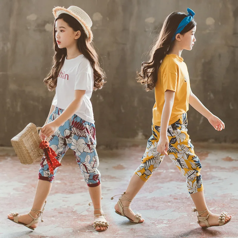 Toddler Girl Summer Clothes 2019 Little Girls Clothing Set Children Boutique Outfits shan T Shirt + Floral Capri Pants | Детская одежда