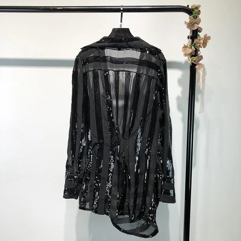 2019 Spring Summer Fashion Streetwear Sexy See Through Striped Sequins Asymmetrical Blouse Women Blusas Shirt Tops |