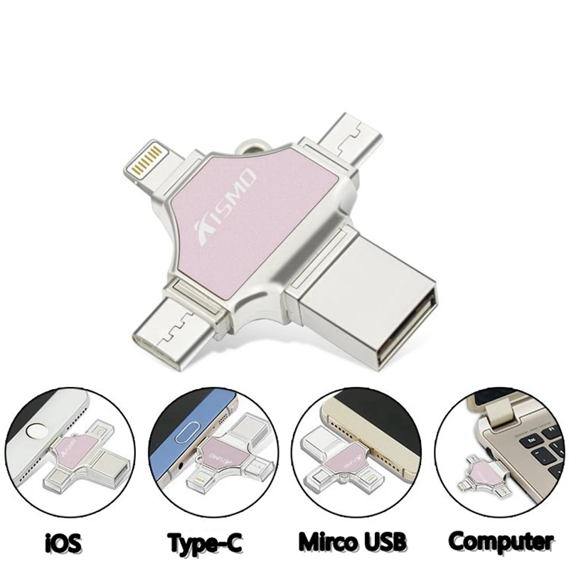 Kismo 4 in 1 OTG USB Flash Drive 16G 32G 64G 128G Memory Stick Type-C Pen Drive For Samsung S8 S9 S7 S6 Edge iphone X 8 7 Plus