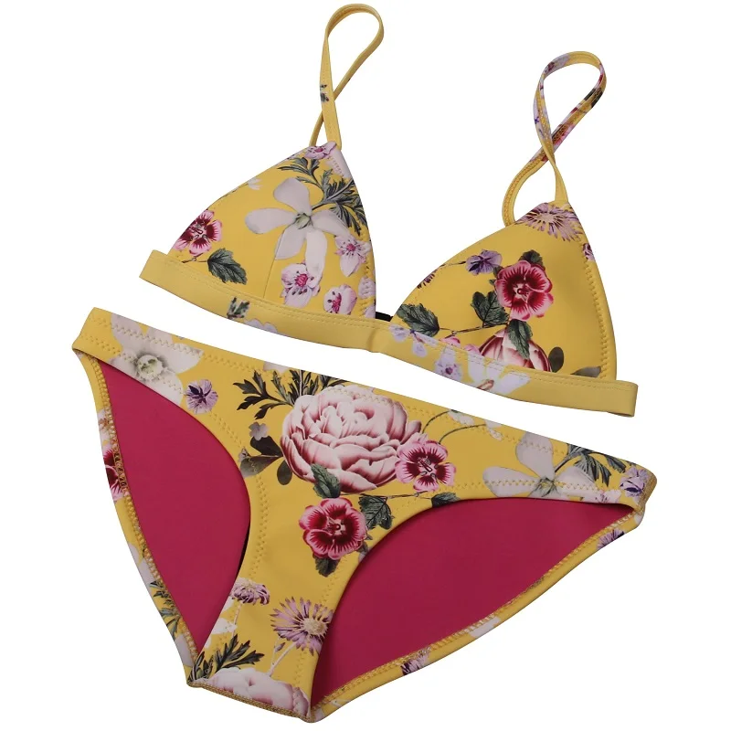 Yellow MUXILOVE,, дизайн, цветочный принт, женский,, настоящий неопрен, бикини, набор, купальник, купальный костюм, верх и низ, бикини - Цвет: Yellow