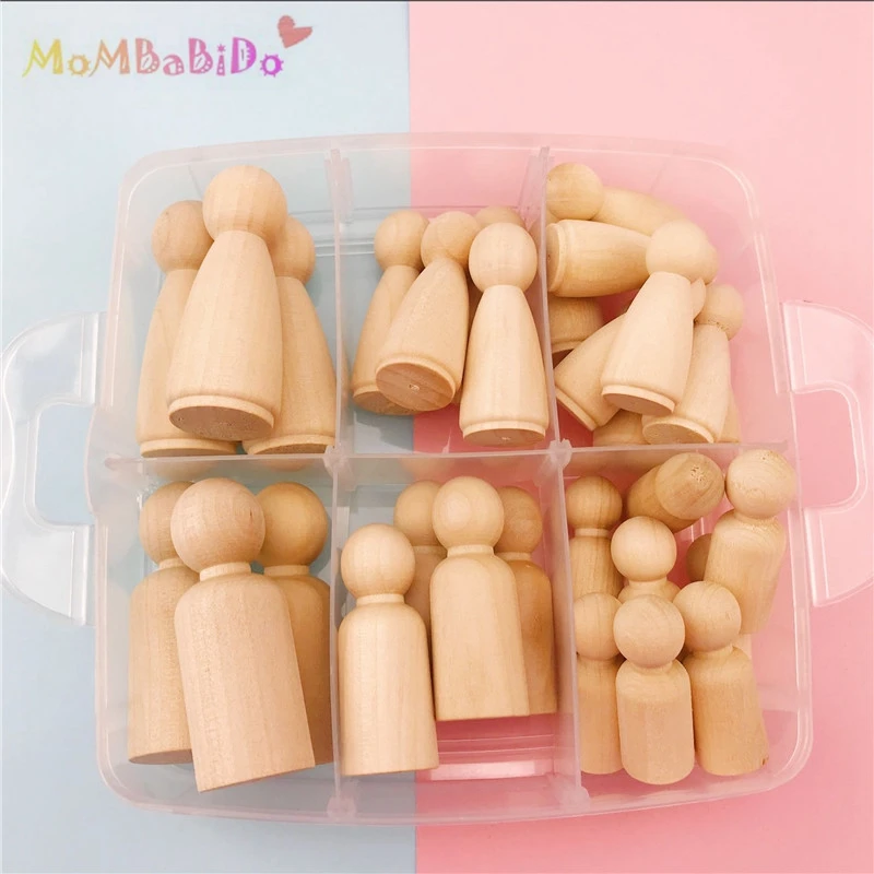 

30pcs Hard Wood Blocks People Different Size Natural Unfinished Ramp Preparation Paint or Stained Wooden Family Wood Peg Dolls