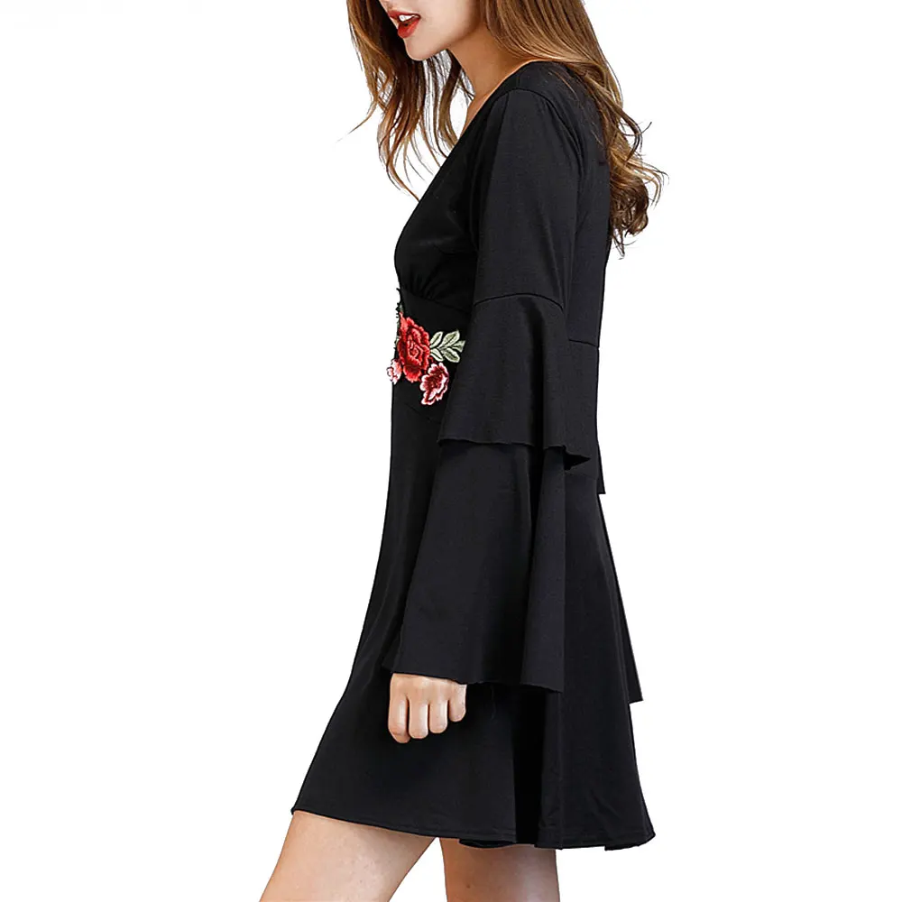 Для женщин Мода лето-осень платье длинными расклешенными рукавами одноцветное