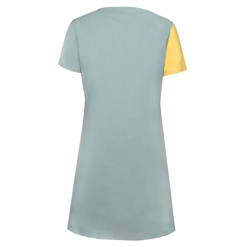 2019 summer fashion new stitching casual solid color V-neck short sleeve tri-color mosaic dress SJ2074Y | Женская одежда