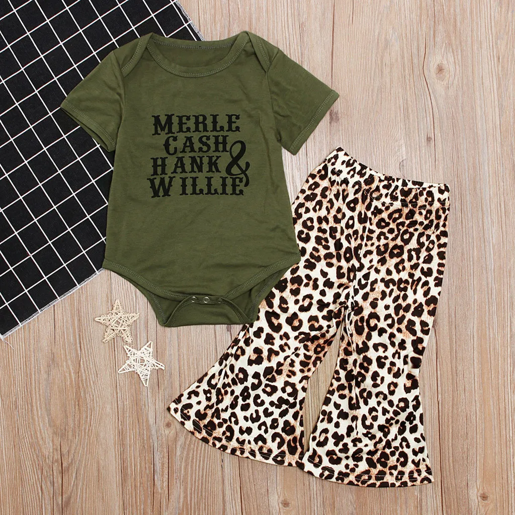 

Telotuny Girls Set Summer Newborn Infant Baby Boy Girl Letter Tops Romper Leopard Flared Pants Clothes Set #40