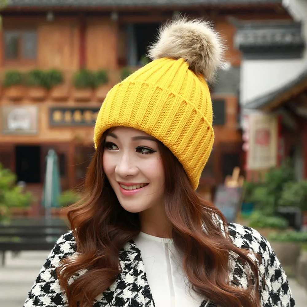 Шапки шляпа женский pom beanie женщин Шапки капот skullies и шапочки помпон однотонные зимние теплые шляпа женский шерсть помпонами Кепки JN3B