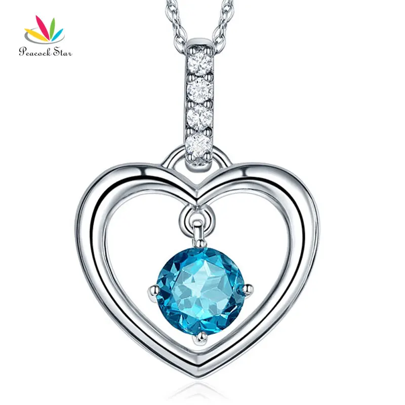 Звезда павлина изящное 14K белое золото Лондон голубой топаз кулон в виде сердца