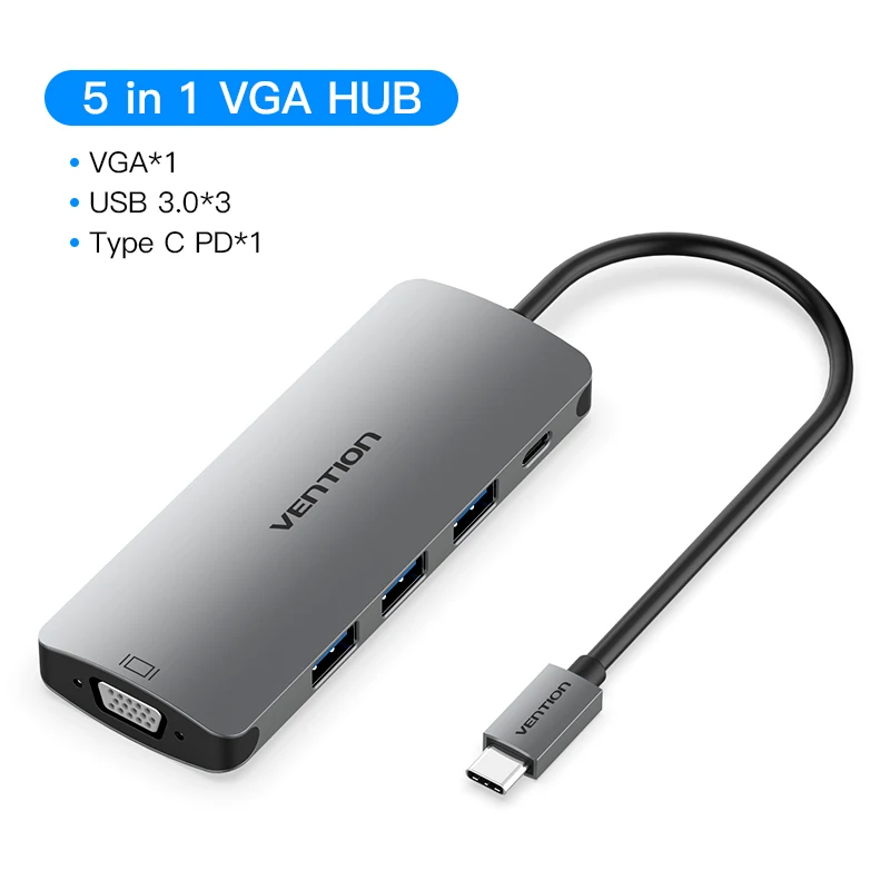 5 in 1 VGA HUB Vention USB-C концентратора Тип C концентратор USB 3,0 Thunderbolt 3 HDMI 3,5 мм аудио RJ45 адаптер для MacBook Pro samsung Galaxy S9 USB C концентратора - Цвет: 5 in 1 VGA HUB