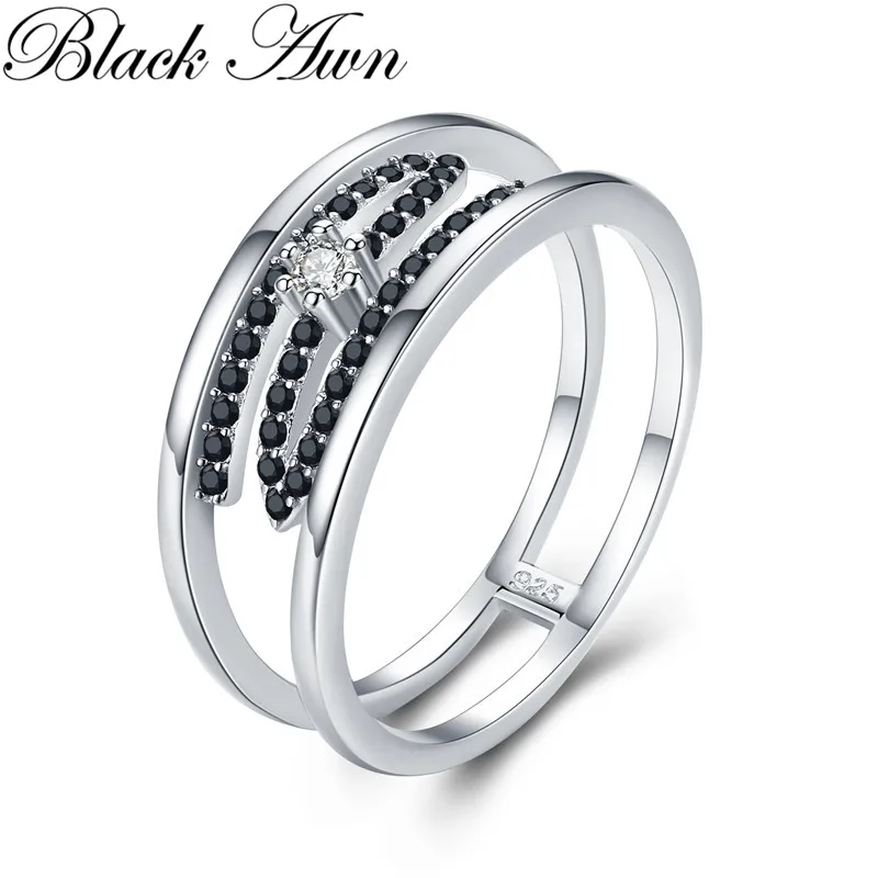 

BLACK AWN Trendy 925 Sterling Silver Fine Jewelry Baguet Row Engagement Black Spinel Wedding Rings for Women G017