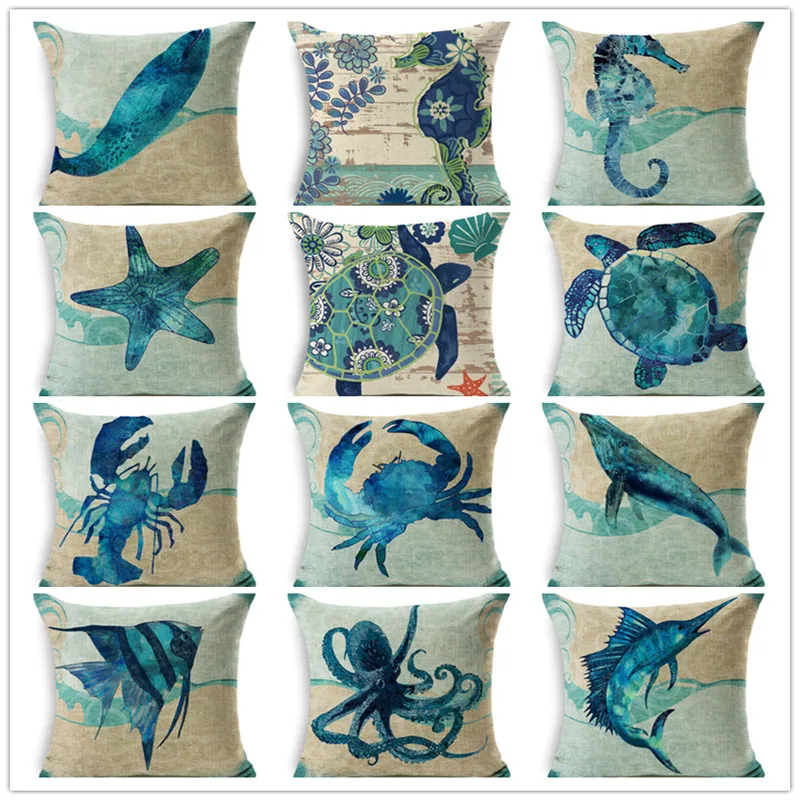 

Turtle Whale Crab Cushion Cover Seahorse Jellyfish Abstract Style Home Decorative Pillows Cover for Sofa Feeling of Ocean