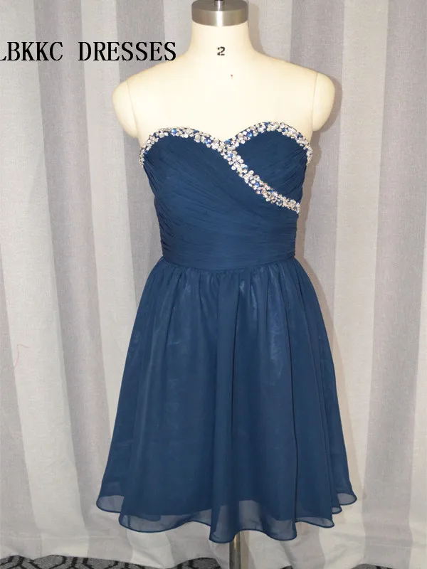 

Милая темно-синяя шифоновая юбка длиной до колена с бисером Vestidos De Coctel Elegantes
