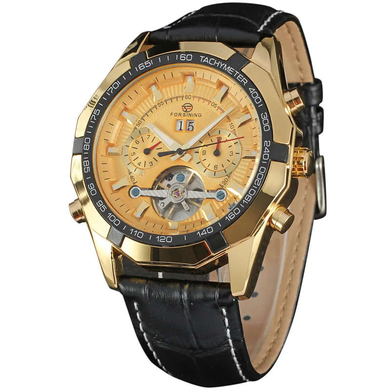 50 шт./лот 2016 FORSINING Мужчины Гент Черный Tourbillon Дата Винтаж Механические Часы DHL