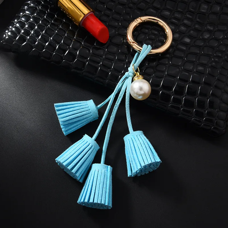 Lt Blue Корейский Бархатный кисточкой брелок для ключей с кожаными кисточками жемчужный кулон автомобиля украшения Женский брелок плюшевая сумка Подвеска - Цвет: Lt Blue
