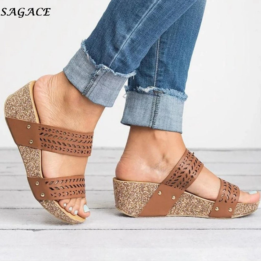 SAGACE/женские шлепанцы модные повседневные на танкетке с перфорацией женская