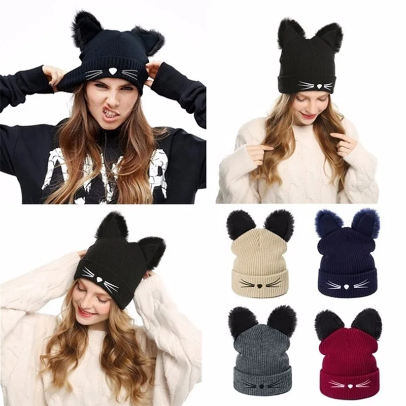 Зимняя женская Повседневная шапка с котом, теплая мягкая шапка Skullies Beanies, крутая Кепка для женщин, Кепка для мальчиков и девочек