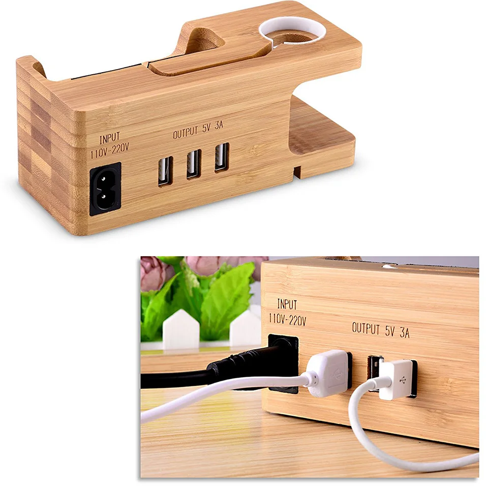Бамбуковое зарядное устройство Подставка для часов для Apple watch 3 usb порта docktop chargeing станция 5V3A смартфон многофункциональное зарядное устройство