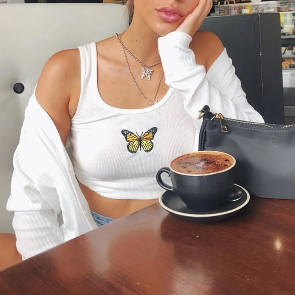 Женские белые укороченные топы без рукавов женская майка с вышивкой бабочкой