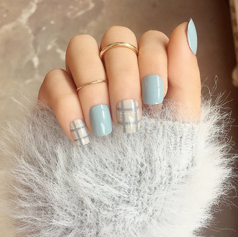 24 шт./компл. синий серый стиль DIY Искусство короткие поддельные наклейки ногти