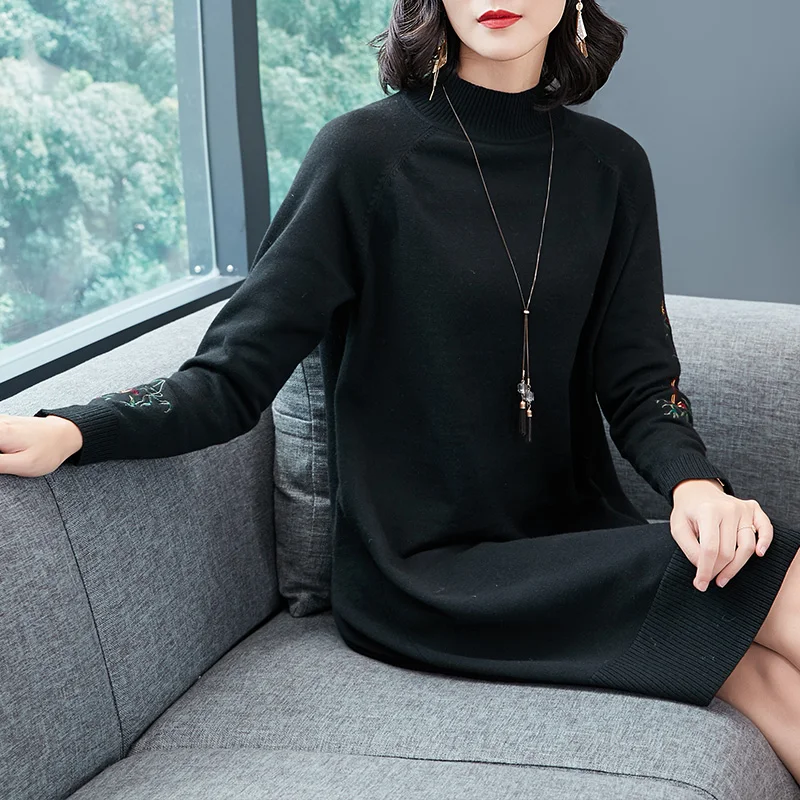 Autumn Winter women's turtleneck embroidery long sweater dress elegant ladies floral knit | Женская одежда