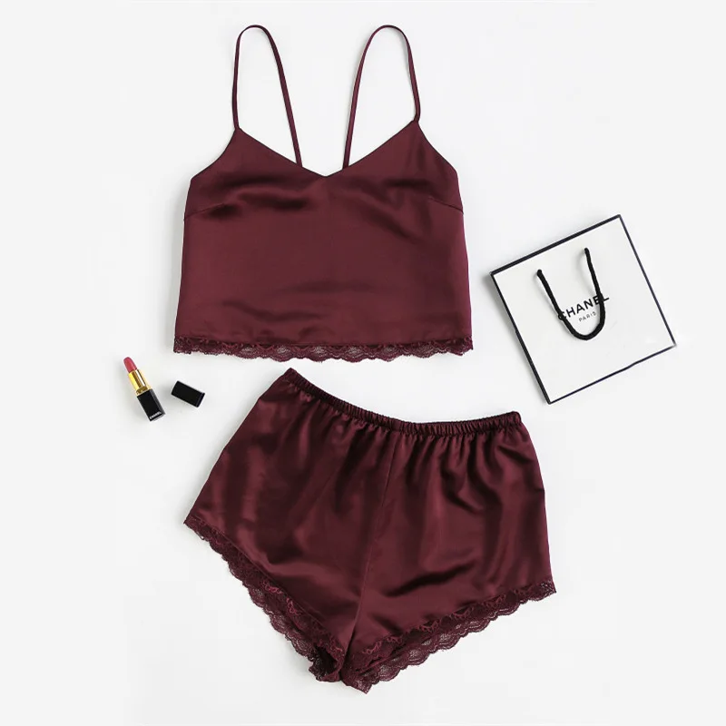 Без рукавов кружевной отделкой Satin Cami and Shorts 2018 новый комплект бордовый с v