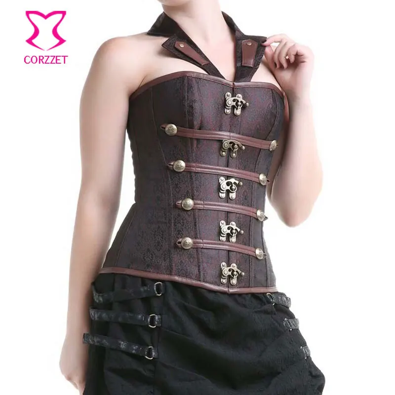 

Steampunk Corset Burlesque Corpetes E Espartilho Sexy Korset Bustier Halter Tops Corselet Overbust Brown Corsets Gothic Clothing