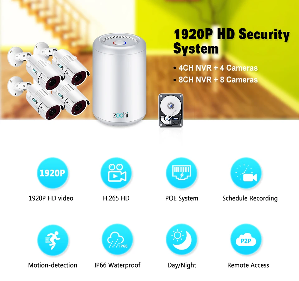 Zoohi безопасности Камера Системы POE 4CH H.265 NVR 5MP безопасности Камера Ночное видение HD открытый 8CH видеонаблюдение Системы NVR kit