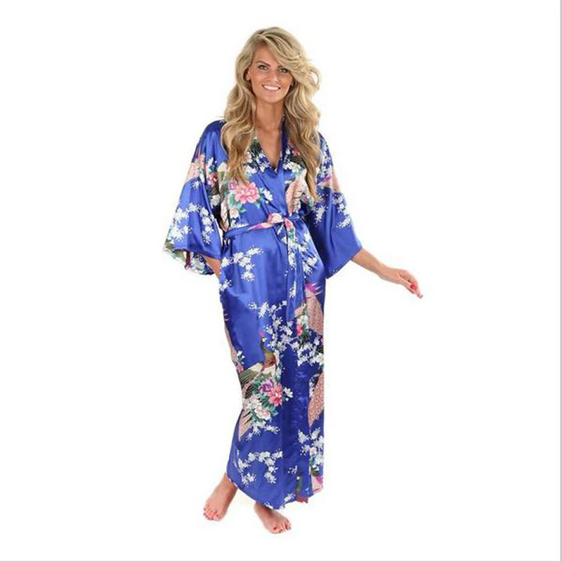 Женское длинное шелковое платье кимоно из искусственного шелка с принтом