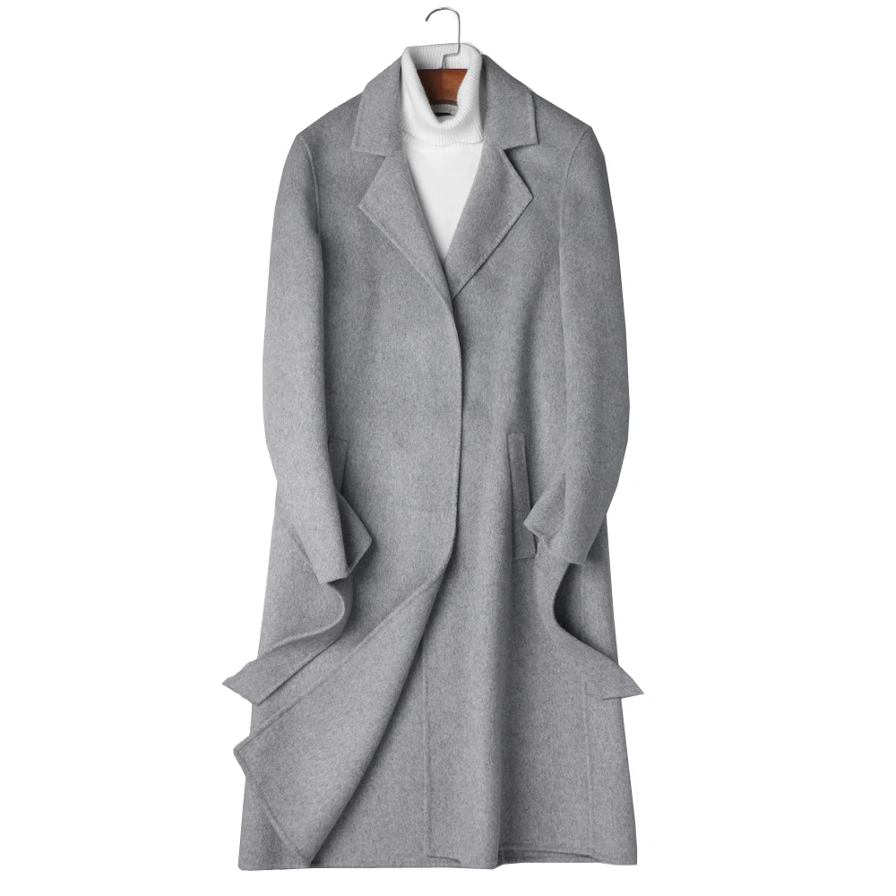 Мужское длинное пальто с поясом из натуральной овечьей шерсти новое тонкое