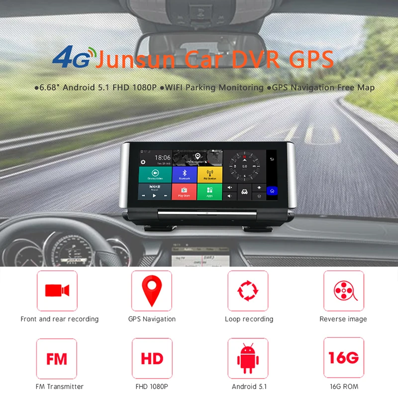 Junsun E29 Pro Автомобильный видеорегистратор с GPS 4G 6.86" Android 5.1 Камера WIFI 1080P Видеозапись Регистратор видеорегистратора Программа мониторинга припарковывания.