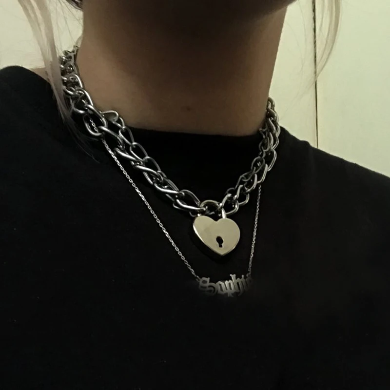 

Handcrafted Men Women Unisex Heart Lock Key Choker Chain Collar Rock Star Metal Link Necklace