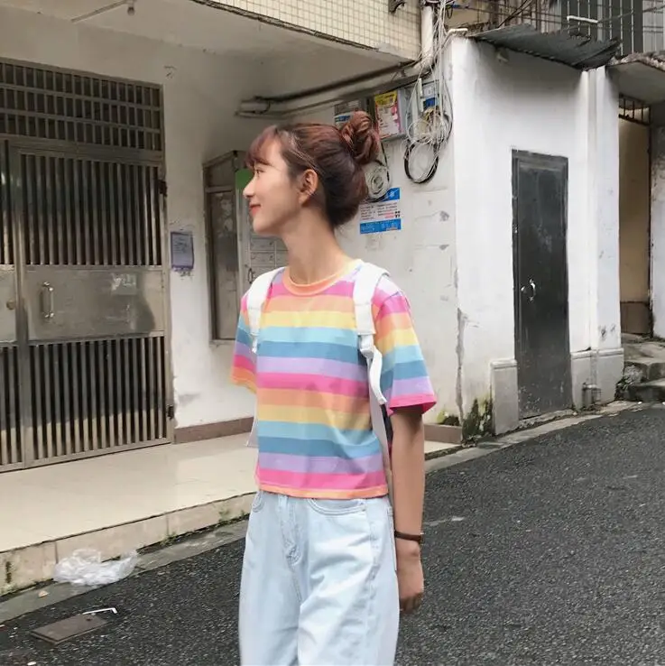 Летняя новая женская футболка с короткими рукавами в радужную полоску|Футболки| |