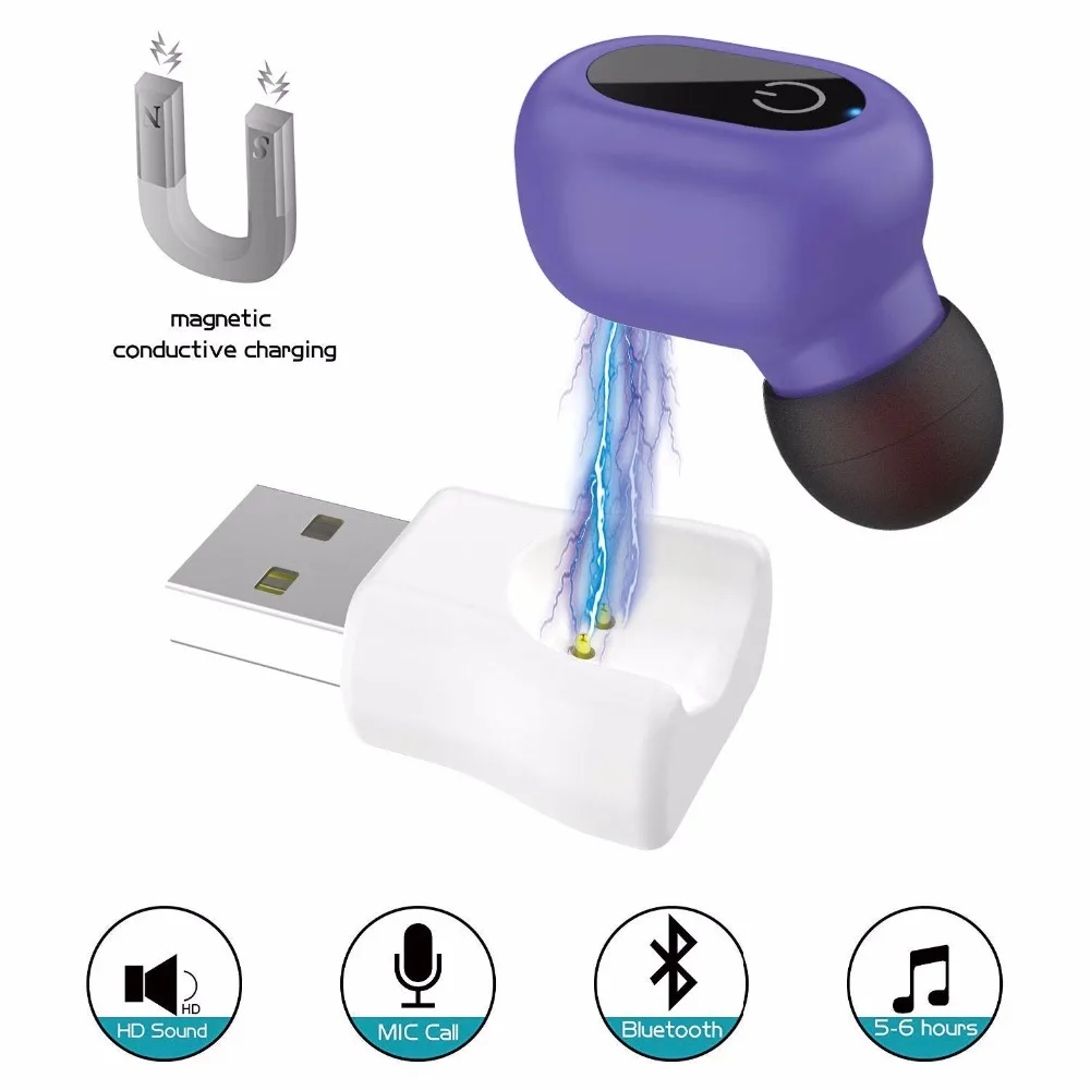 Мини Bluetooth Earbud, один маленький беспроводной наушник Гарнитура для автомобиля с чистым микрофоном-фиолетовый