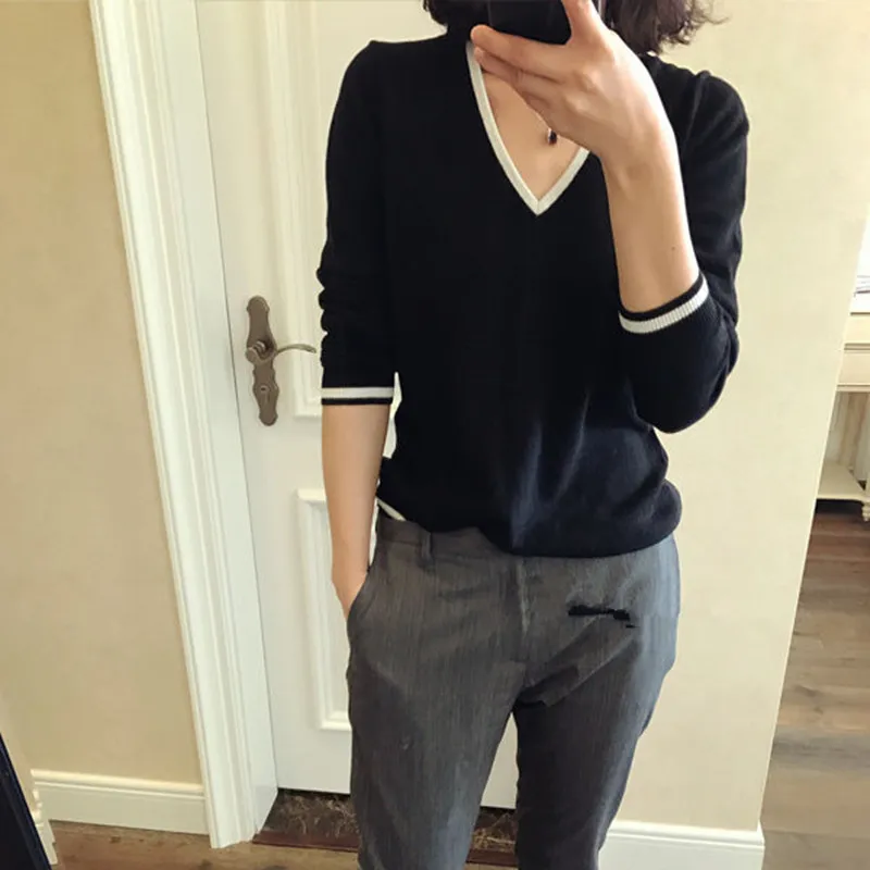 Gejas Ainyu autumn winter new V-neck knitted cashmere sweater women pullover tops Loose plus size Sweaters Brand Tops | Женская одежда