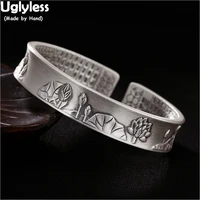 uglyless concave convex wide bangles for women solid 99 9 silver pond leaf lotus open bangles heart sutra buddhism gift jewelry