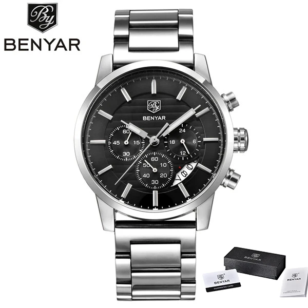 Benyar, новые часы, мужские, люксовый бренд, хронограф, мужские спортивные часы, водонепроницаемые, кожа, кварцевые, мужские часы, Relogio Masculino - Цвет: steel black