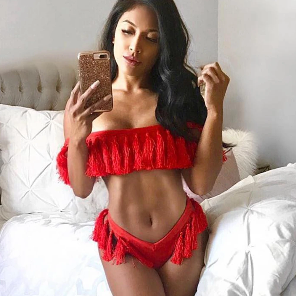 

Off shoulder Tassel bikini 2020 women Swimsuit Female swimwear Two pieces bikini set Brazilian Bather bathing suit swim Lady