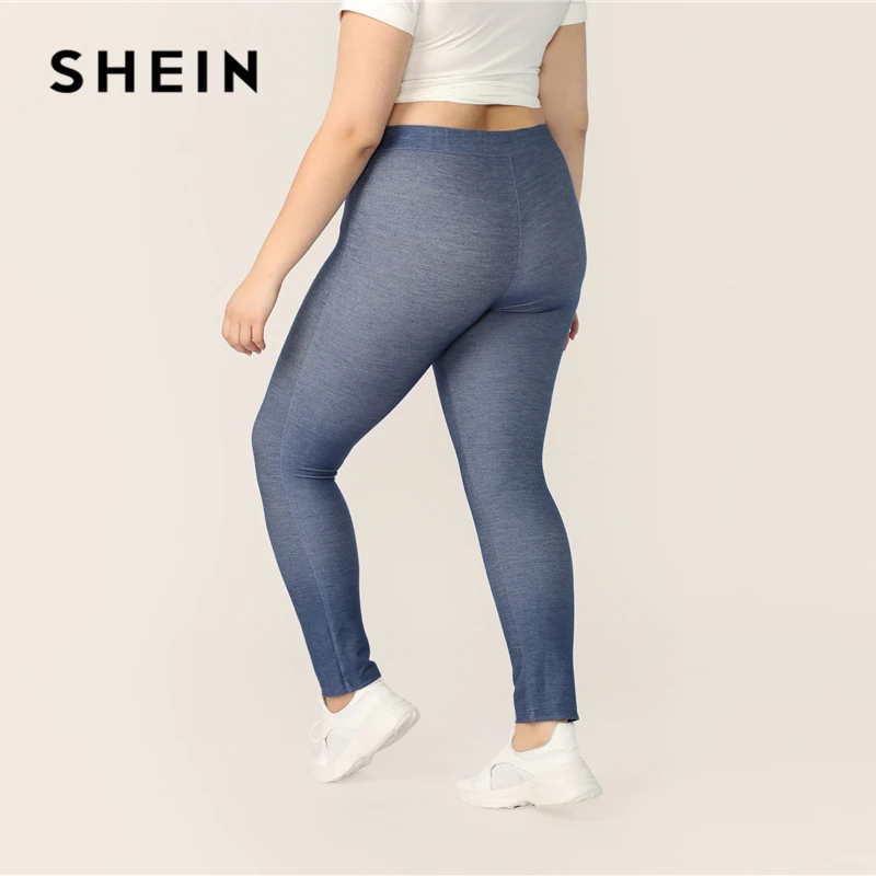 SHEIN Леггинсы Размера Плюс С Высокой Талией Женские Синие Спортивные Леггинсы