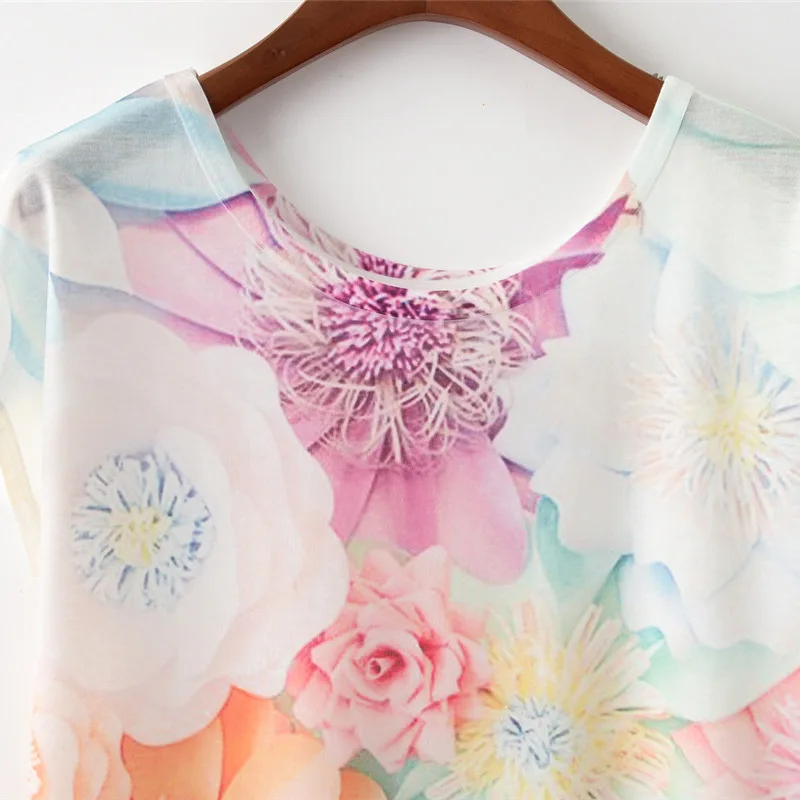 Женская футболка с короткими рукавами однотонная свободная цветочным принтом и