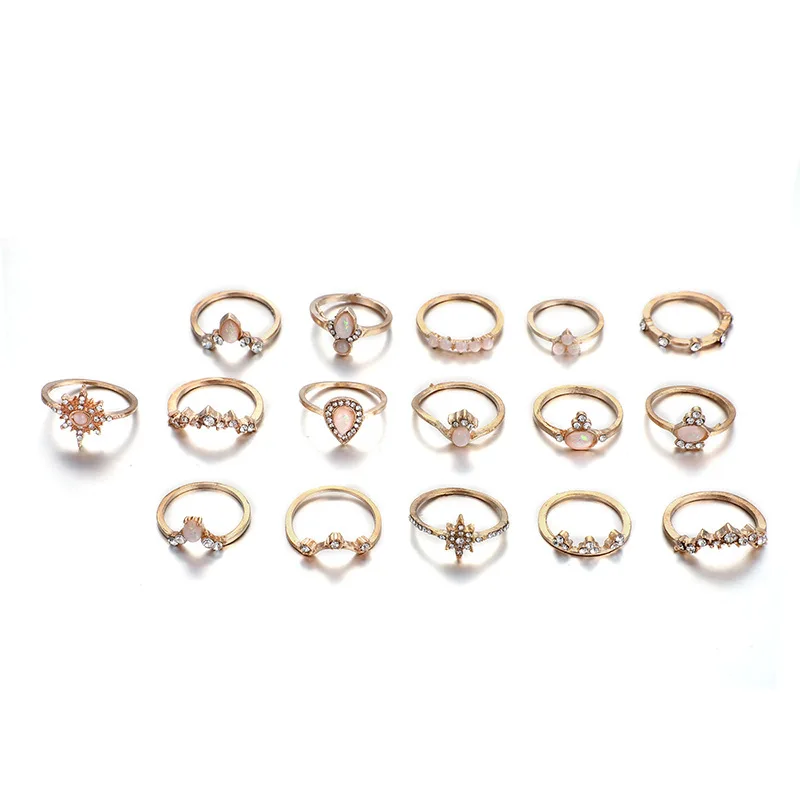 16Pcs/set Bohemian National Fashion Retro Water Drop Beauty Head Gold Cross Patterned Lady Vintage Loving Charm Joint Ring Set | Украшения