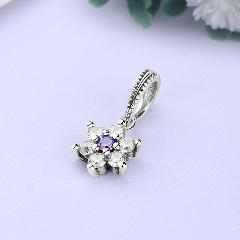 925 Sterling Silver Crystal Charms Fit Bracelets Beads Forget Me Not Pendant Charm Purple CZ Women DIY Jewelry Making | Украшения и