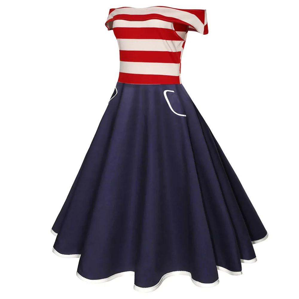 Joineles Stripe Patchwork Women Retro Dress Slash Neck Short Sleeves Summer Vintage 60s Audrey Hepburn Rockabilly Vestidos | Женская