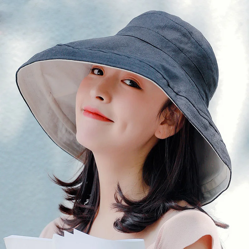 

Women Summer Double-sided Two-color Bucket Cap Big Wide Brim Travel Sunscreen Casual Fishing Fisherman Wind Rope Sun Hat Q2