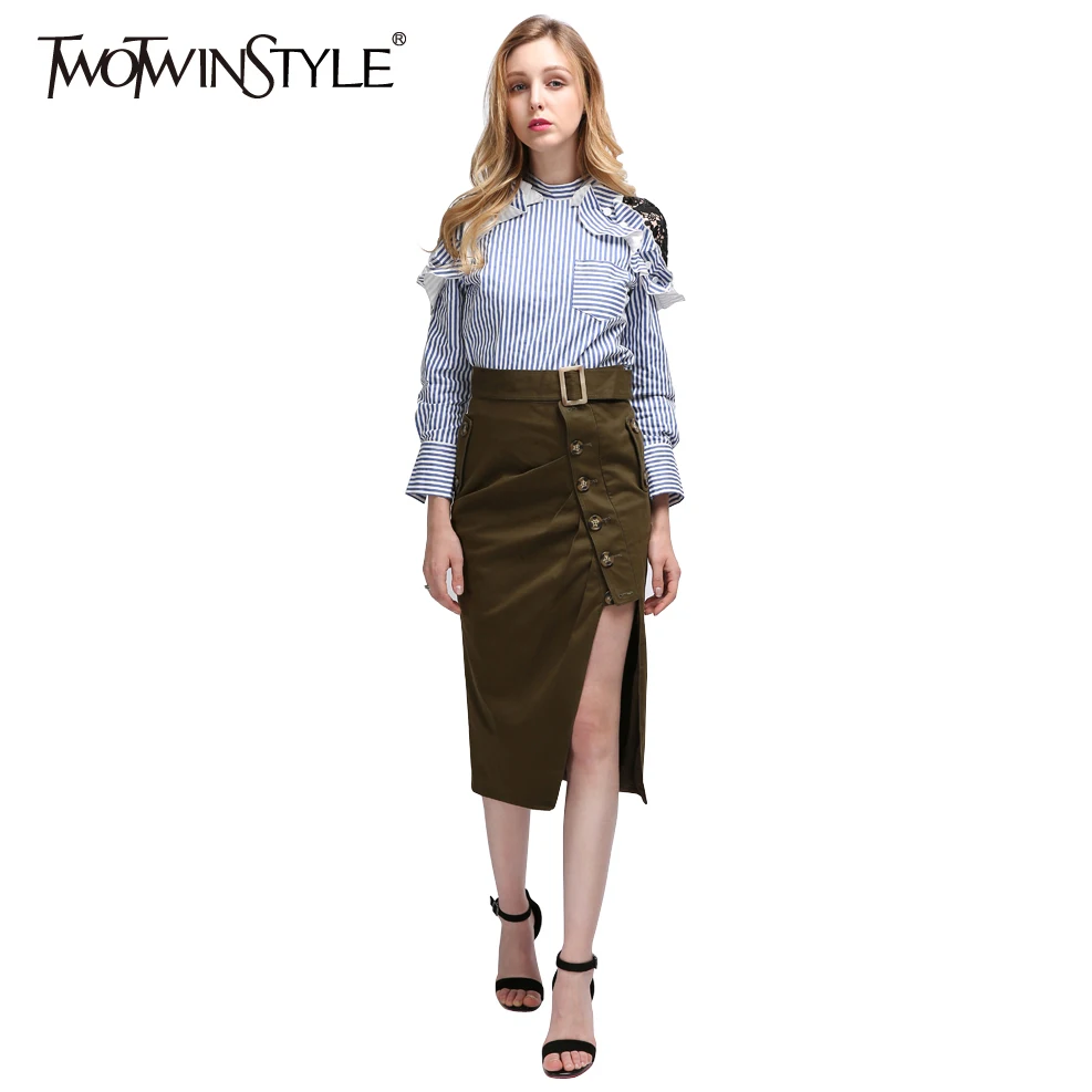 TWOTWINSTYLE армейская зеленая длинная юбка миди летние женские юбки на шнуровке с