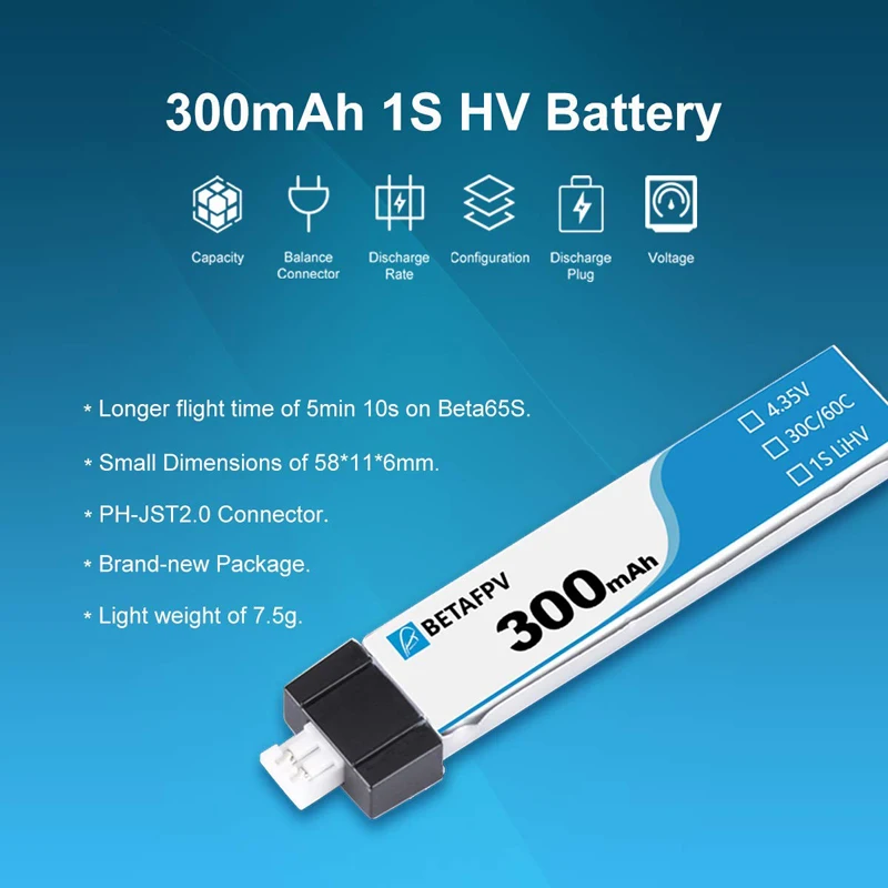 BETAFPV 300 мАч HV 1S литий полимерная батарея 30C 4 35 в со стандартным разъемом Powerwhoop для