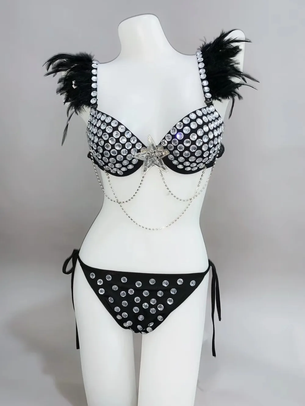 Блестящие стразы бикини черные белые цветы перья головной убор Женский комплект