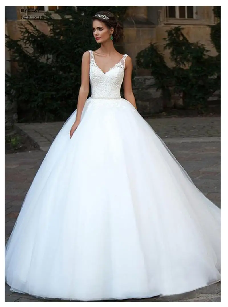 

Свадебное платье, бальные платья 2020, пышное Тюлевое платье с V-образным вырезом, свадебное платье, белое платье до пола, свадебные платья, кру...