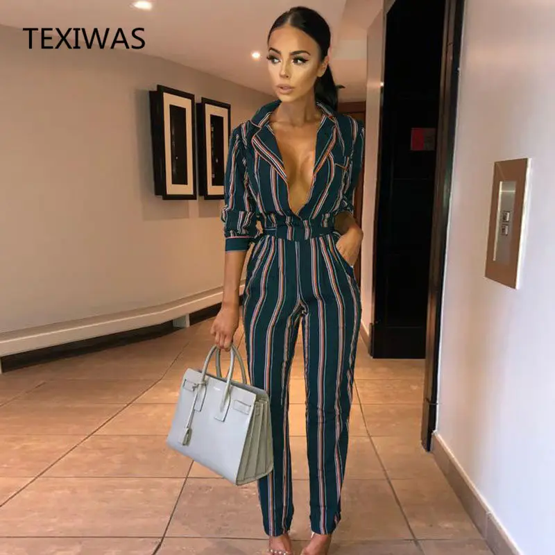 TEXIWAS Spring Autumn Stripe Long pants Jumpsuit women party Rompers Harlan Overalls Sexy Elegant Bodycon Jumpsuits streetwear | Женская
