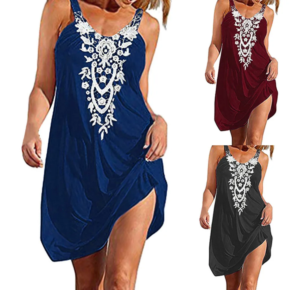 Женское пляжное платье на бретельках Boho с кружевом без рукавов повседневное мини