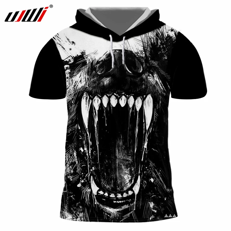 

UJWI Men's Hooded Tshirts Cool Print Horrible Skull 3d Hoody T-shirts With Hat Hombre Slim Fit Bodybuilding Fitness Undershirts